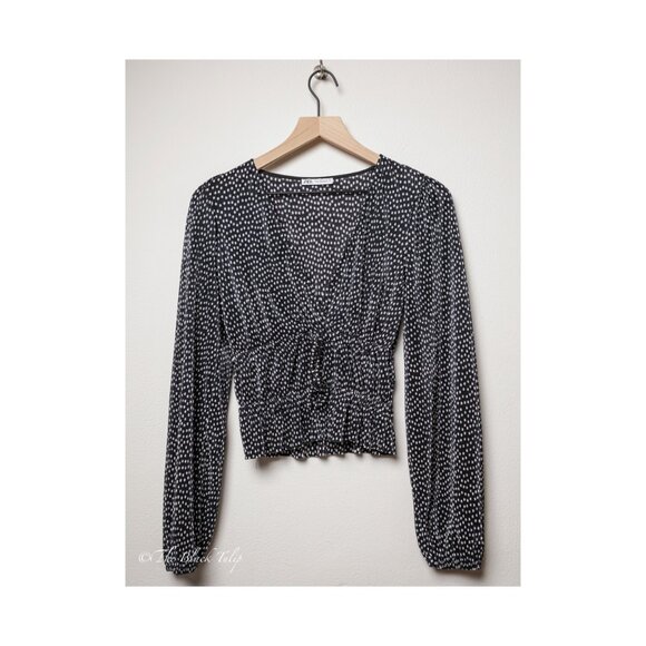 ZARA Black Polka Dot Long Sleeve Smocked Crop Top Size S Made in Morocco - Picture 1 of 7